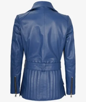 Womens Asymmetrical Blue Belted Biker Style Leather Jacket