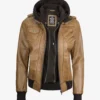 Womens Camel Brown Hooded Bomber Leather Jacket