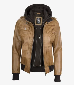 Womens Camel Brown Hooded Bomber Leather Jacket