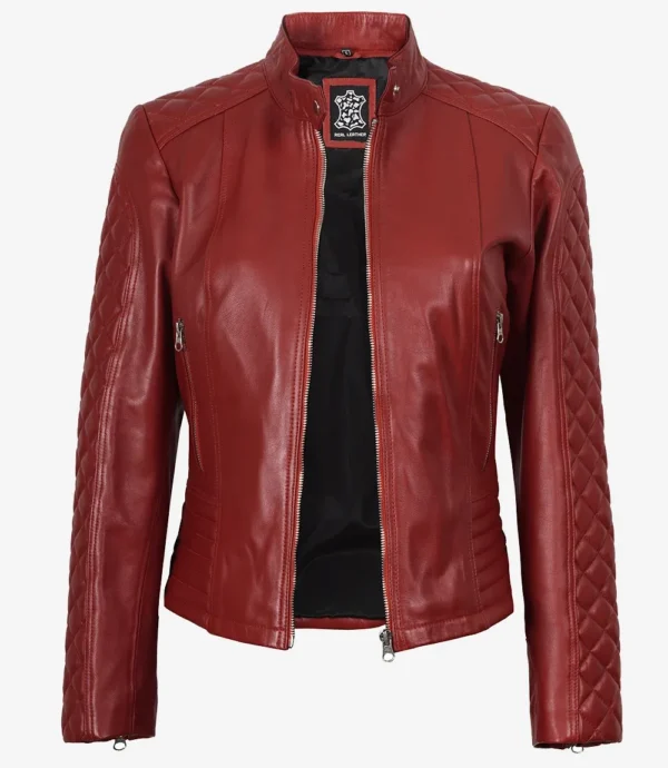Women's Real Leather Red Quilted Biker Style Jacket