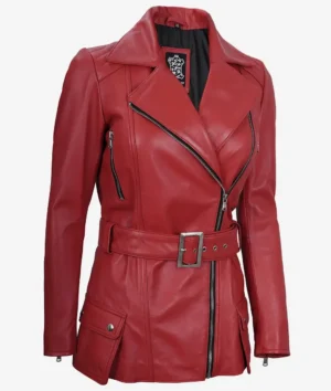 Womens Red Belted Biker Style Leather Jacket