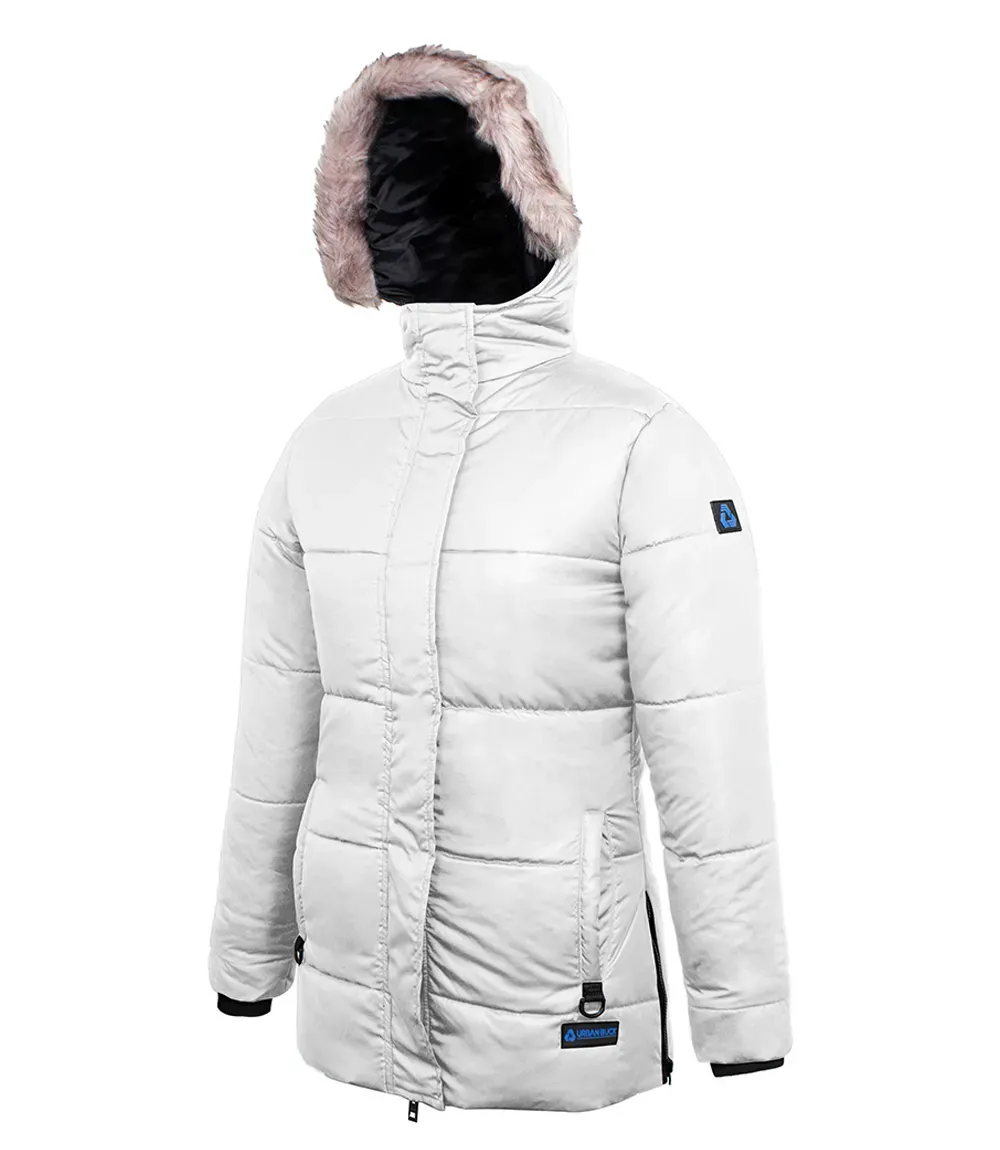 Ella Women’s White Hooded Parka Puffer Jacket – Long Length Ella Women’s White Hooded Parka Puffer Jacket – Long Length