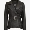 Women's Black Belted Long Biker Style Leather Jacket