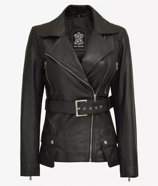 Women's Black Belted Long Biker Style Leather Jacket