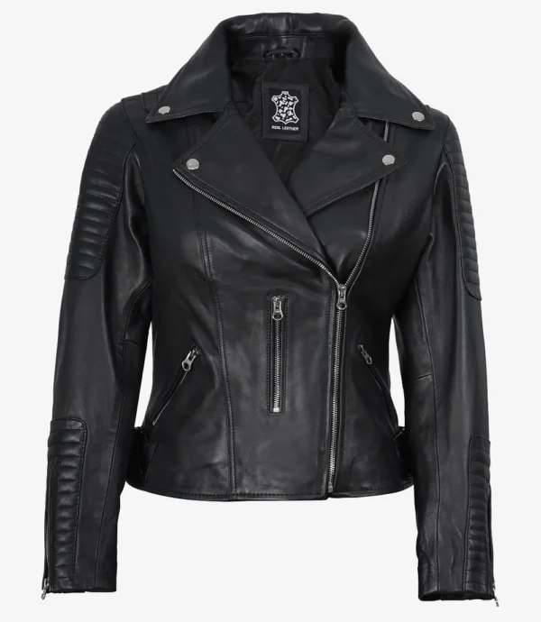 Womens Real Leather Black Biker Style Jacket