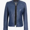 Women's Blue Biker Style Leather Jacket - Modern Fit