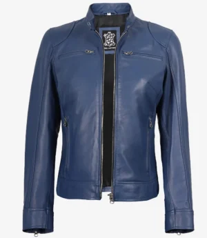 Women's Blue Biker Style Leather Jacket - Modern Fit