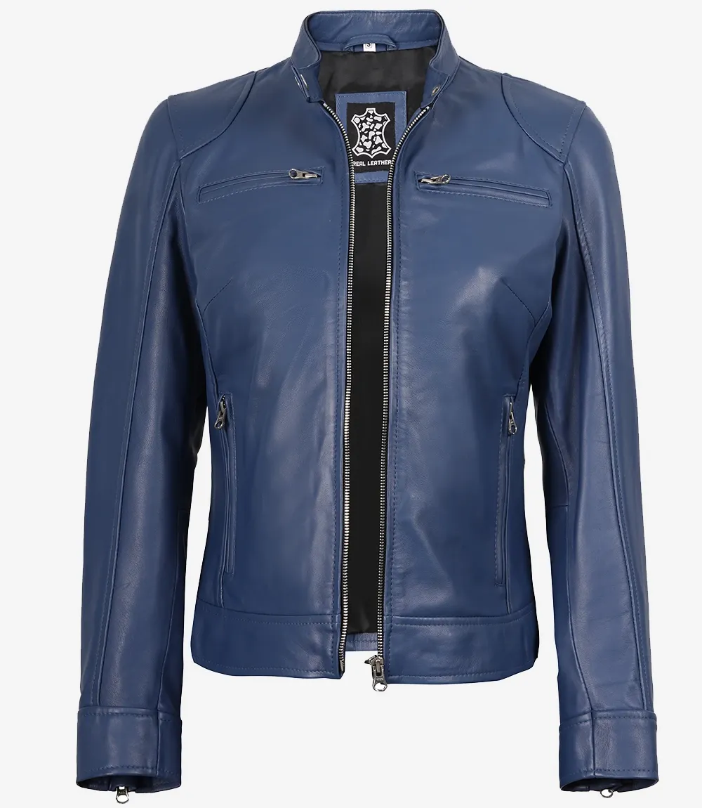 Women's Blue Biker Style Leather Jacket - Modern Fit Women's Blue Biker Style Leather Jacket - Modern Fit