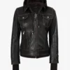 Women's Distressed Brown Bomber Leather Jacket with Removable Hood