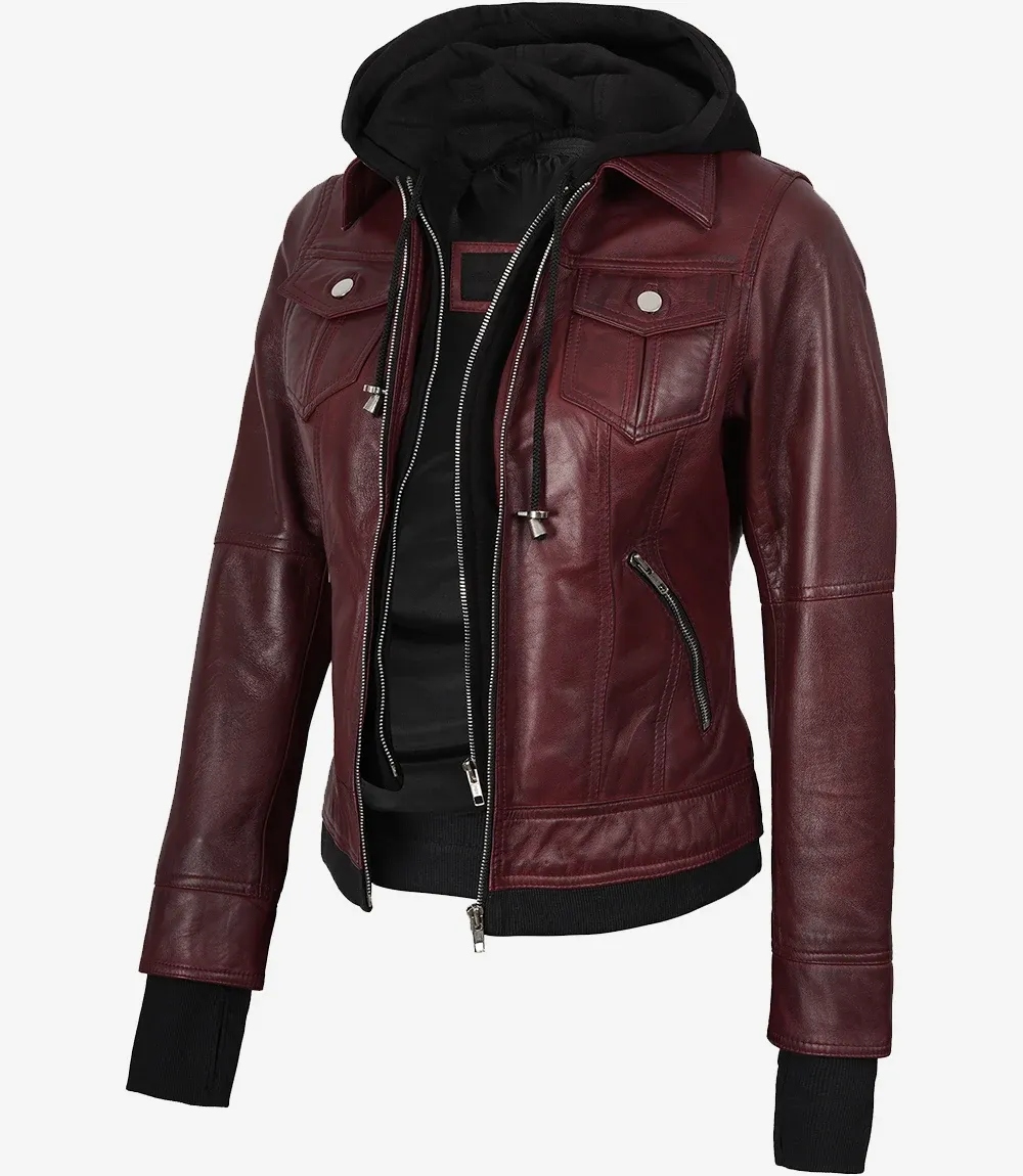 Womens Burgundy Bomber Leather Jacket With Removable Hood Womens Burgundy Bomber Leather Jacket With Removable Hood