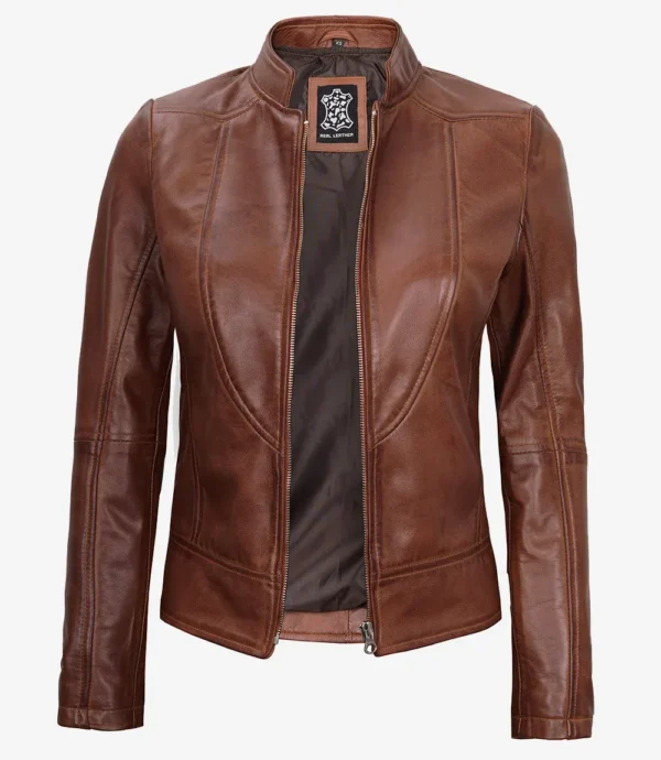 Womens Cognac Leather Biker Style Jacket