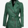 Womens Green Belted Biker Style Leather Jacket