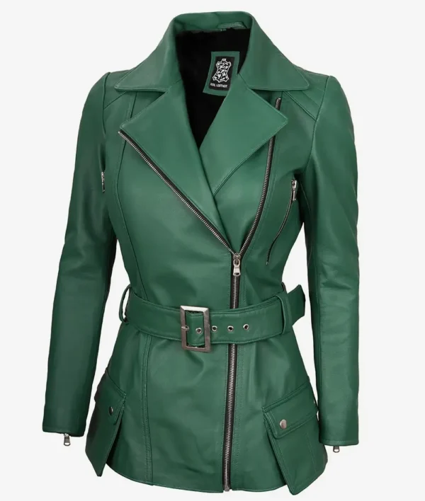 Womens Green Belted Biker Style Leather Jacket