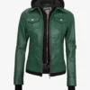 Womens Green Bomber Leather Jacket with Removable Hood