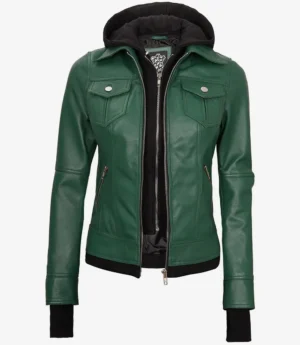 Womens Green Bomber Leather Jacket with Removable Hood