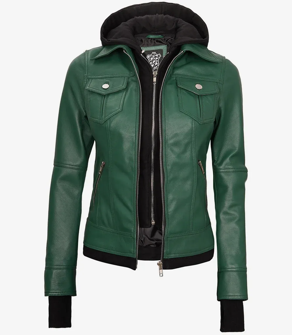 Womens Green Bomber Leather Jacket with Removable Hood Womens Green Bomber Leather Jacket with Removable Hood