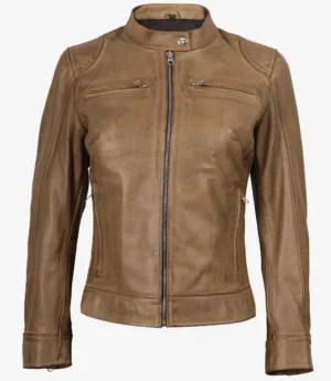 Womens Real Leather Camel Biker Style Jacket