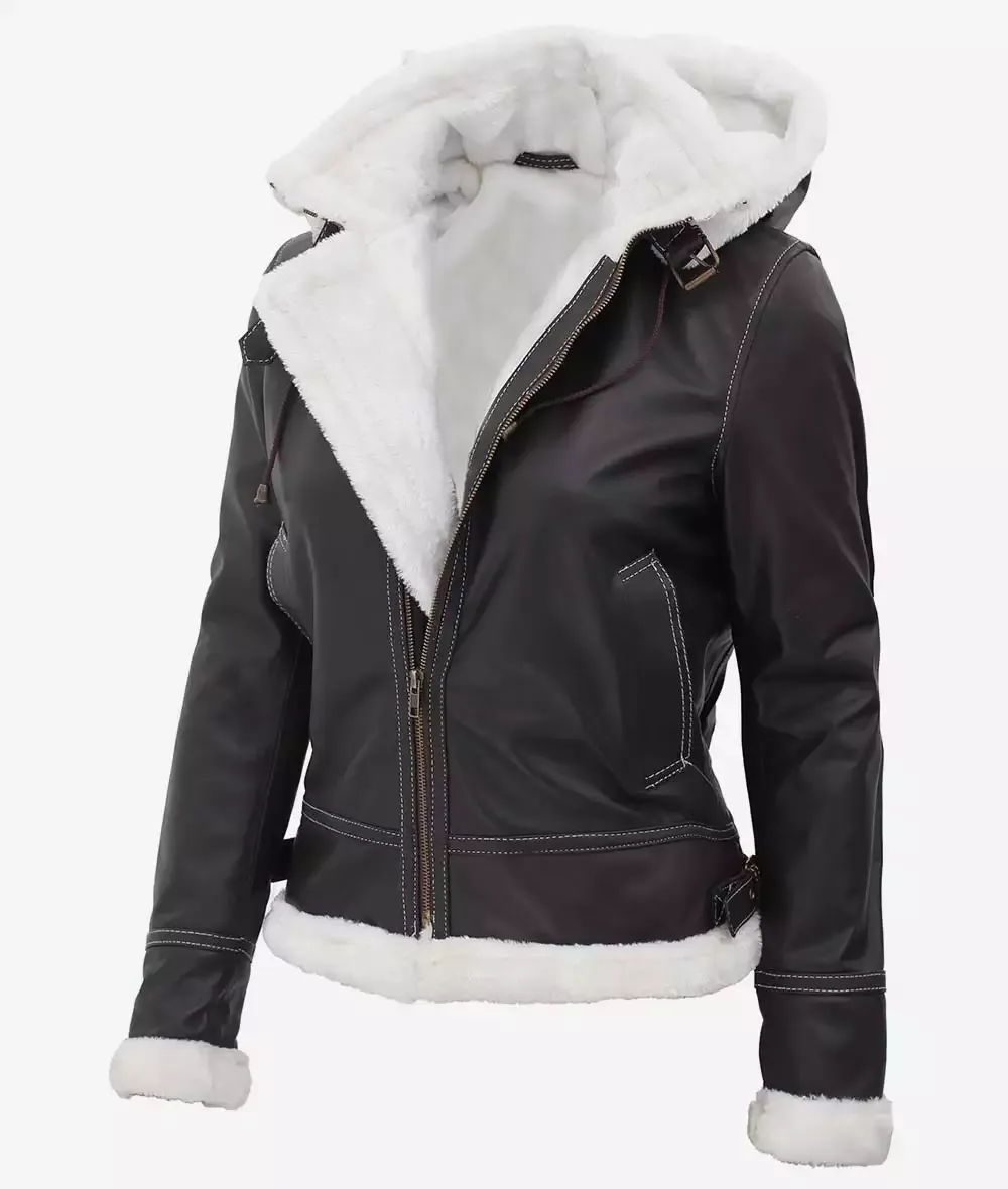 Women's Mary B3 Hooded Dark Brown Shearling Leather Jacket Women's Mary B3 Hooded Dark Brown Shearling Leather Jacket