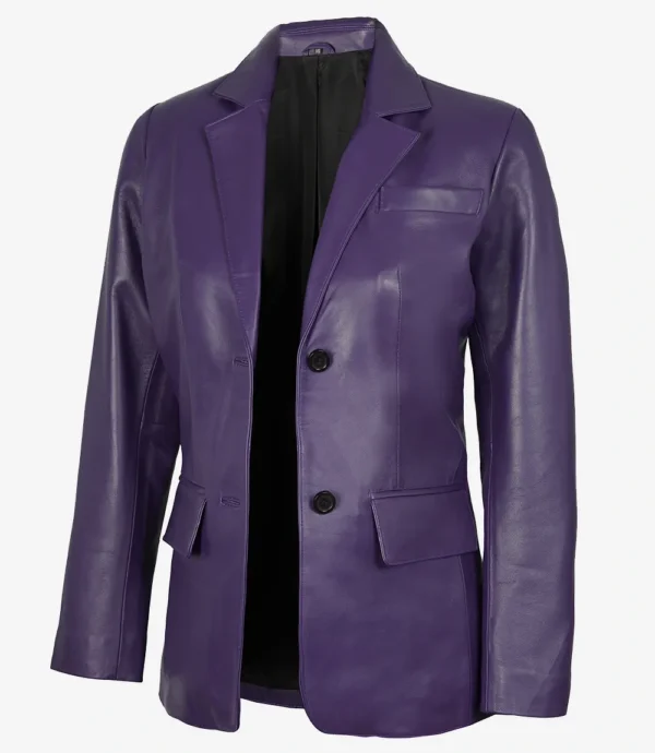 Women's Two Button Purple Leather Blazer - Notch Lapel