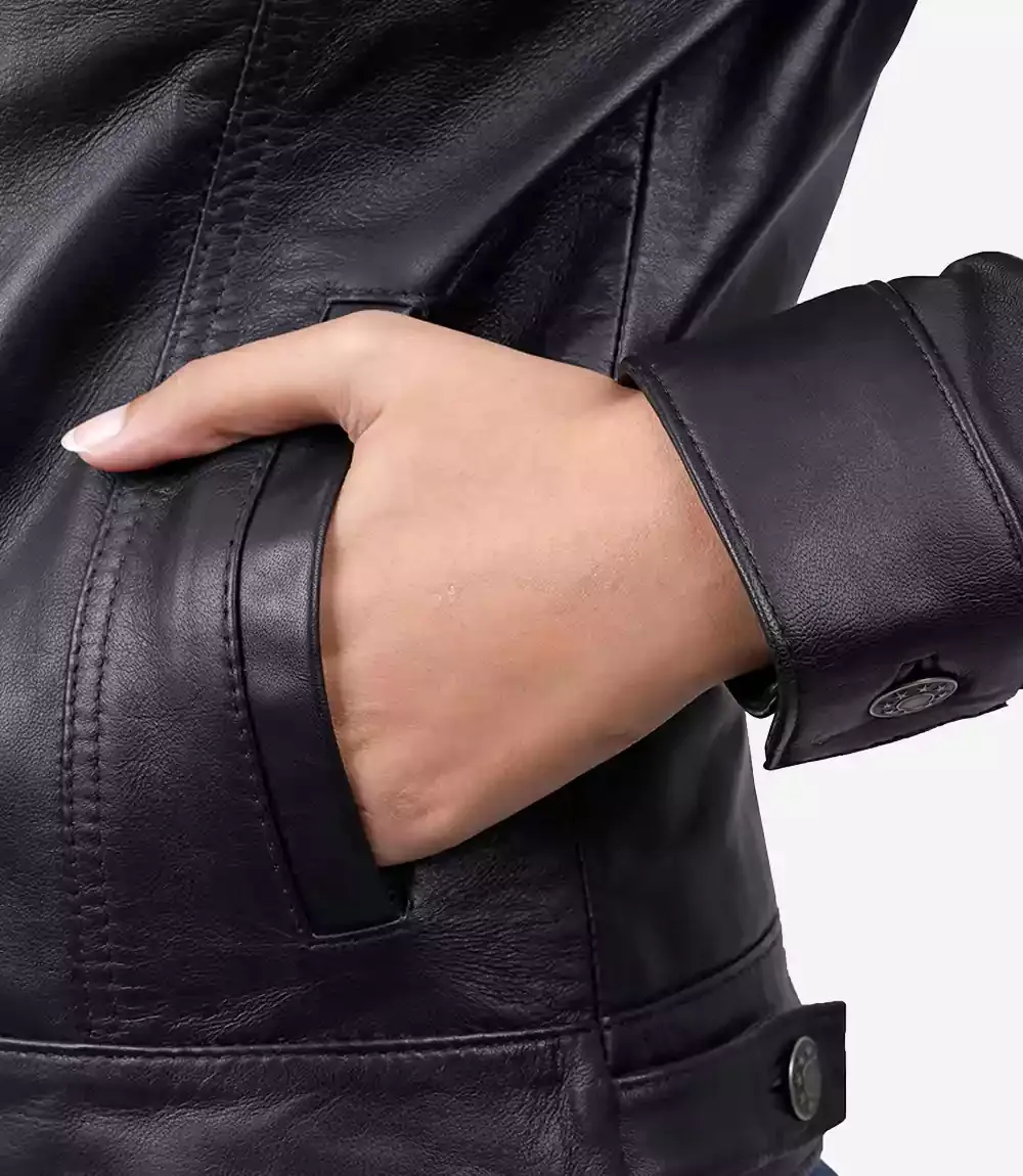 Women's Black Lambskin Leather Four-Pocket Trucker Jacket Women's Black Lambskin Leather Four-Pocket Trucker Jacket