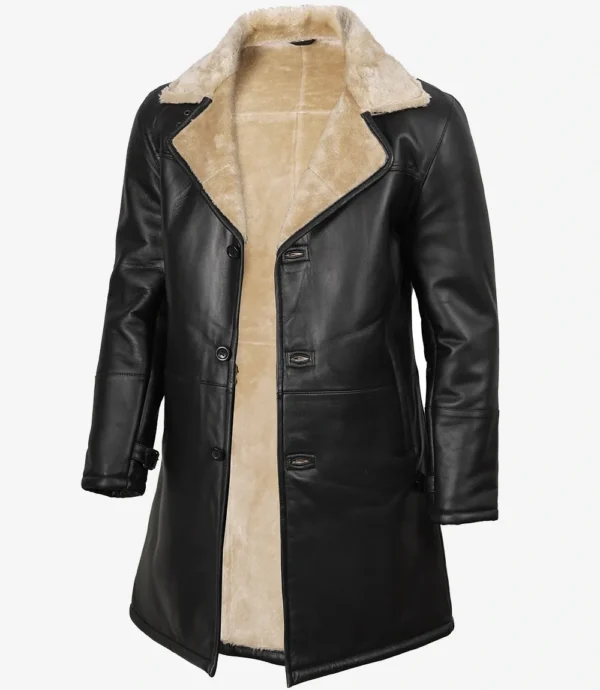Men's Black 3/4 Length Shearling Leather Coat