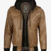 Men's Camel Brown Bomber Leather Jacket (Removable Hood)