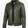 Men's Classic Shirt Collar Olive Green Leather Jacket
