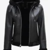 Women's Black Leather Hooded Shearling Jacket