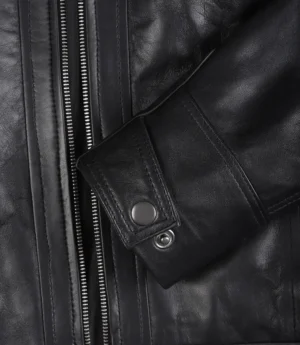 Womens Black Leather Biker Style Jacket - Quilted Shoulder