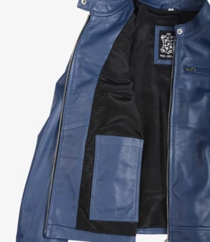 Women's Blue Biker Style Leather Jacket - Modern Fit