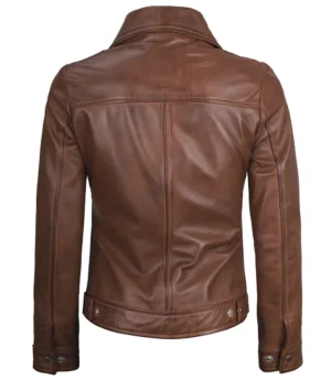 Womens Shirt Collar Cognac Harrington Leather Jacket