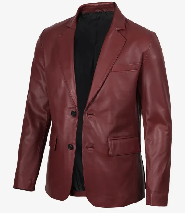 Men's Notch Lapel Maroon Leather Blazer – Two Button
