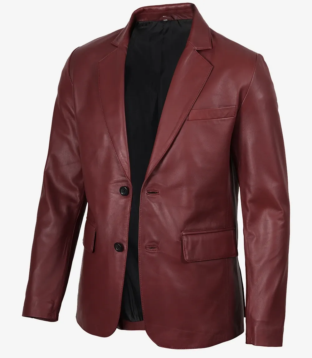 Men's Notch Lapel Maroon Leather Blazer – Two Button Men's Notch Lapel Maroon Leather Blazer – Two Button