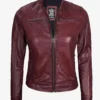 Womens Real Leather Burgundy Biker Style Jacket