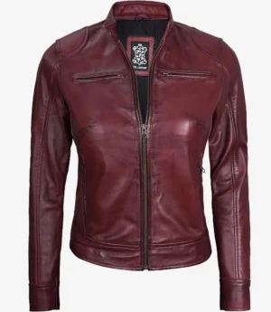 Womens Real Leather Burgundy Biker Style Jacket