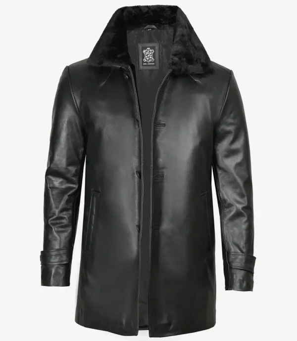 Men's Black Leather 3/4 Length Coat with Fur Collar