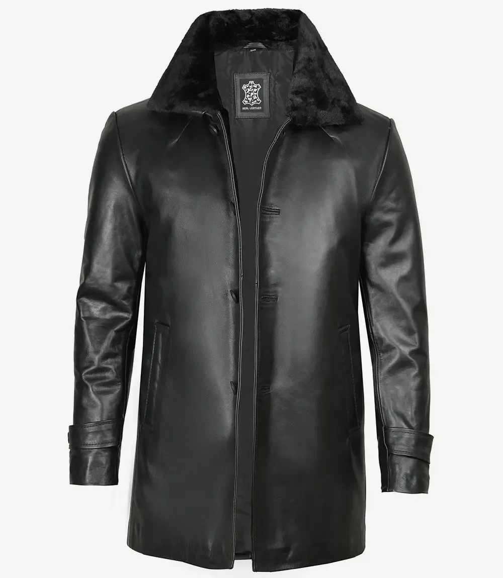 Men's Black Leather 3/4 Length Coat with Fur Collar