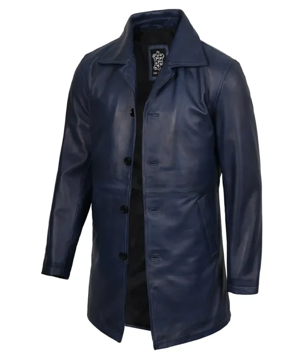 Mens 3/4 Length Blue Waxed Leather Car Coat