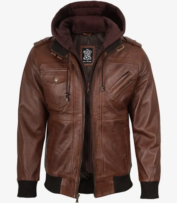 Mens Cognac Leather Bomber Jacket With Removable Hood