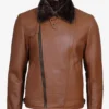 Men's Cognac Leather Shearling Moto Jacket