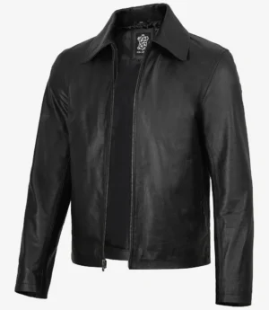 Mens Black Shirt Collar Cowhide Leather Jacket