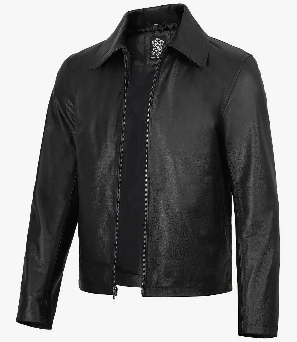 Mens Black Shirt Collar Cowhide Leather Jacket Mens Black Shirt Collar Cowhide Leather Jacket