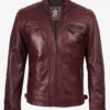 Mens Real Leather Burgundy Biker Style Jacket - Quilted Shoulder