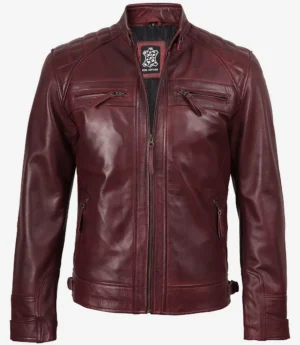 Mens Real Leather Burgundy Biker Style Jacket - Quilted Shoulder