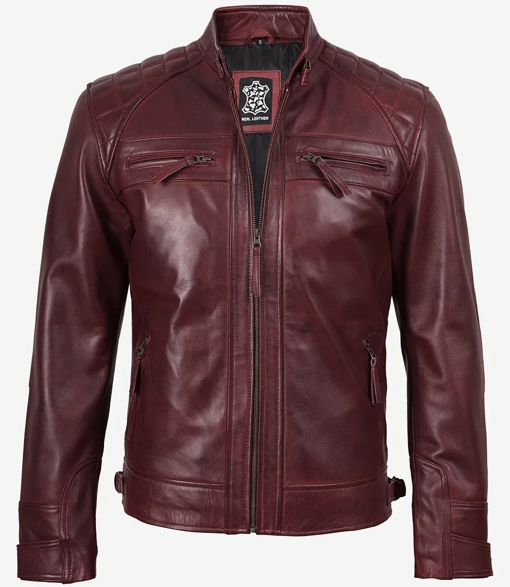 Mens Real Leather Burgundy Biker Style Jacket - Quilted Shoulder Mens Real Leather Burgundy Biker Style Jacket - Quilted Shoulder