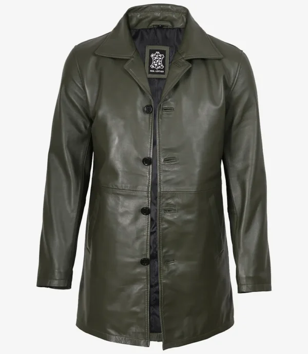 Men's Olive Green 3/4 Length Leather Car Coat