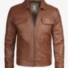 Men's Classic Shirt Collar Cognac Trucker Leather Jacket
