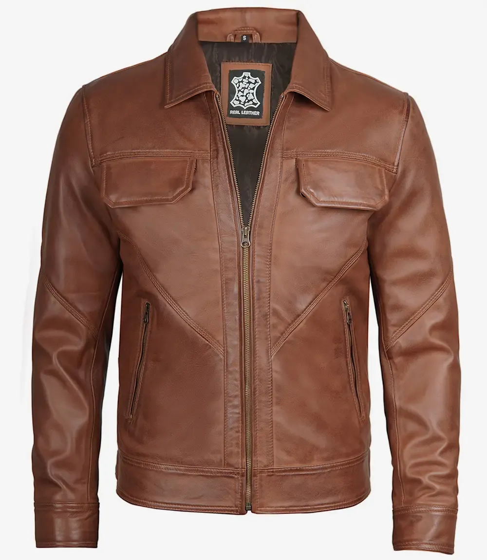 Men's Classic Shirt Collar Cognac Trucker Leather Jacket Men's Classic Shirt Collar Cognac Trucker Leather Jacket