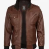 Mens Cognac Leather Bomber Jacket With Removable Hood