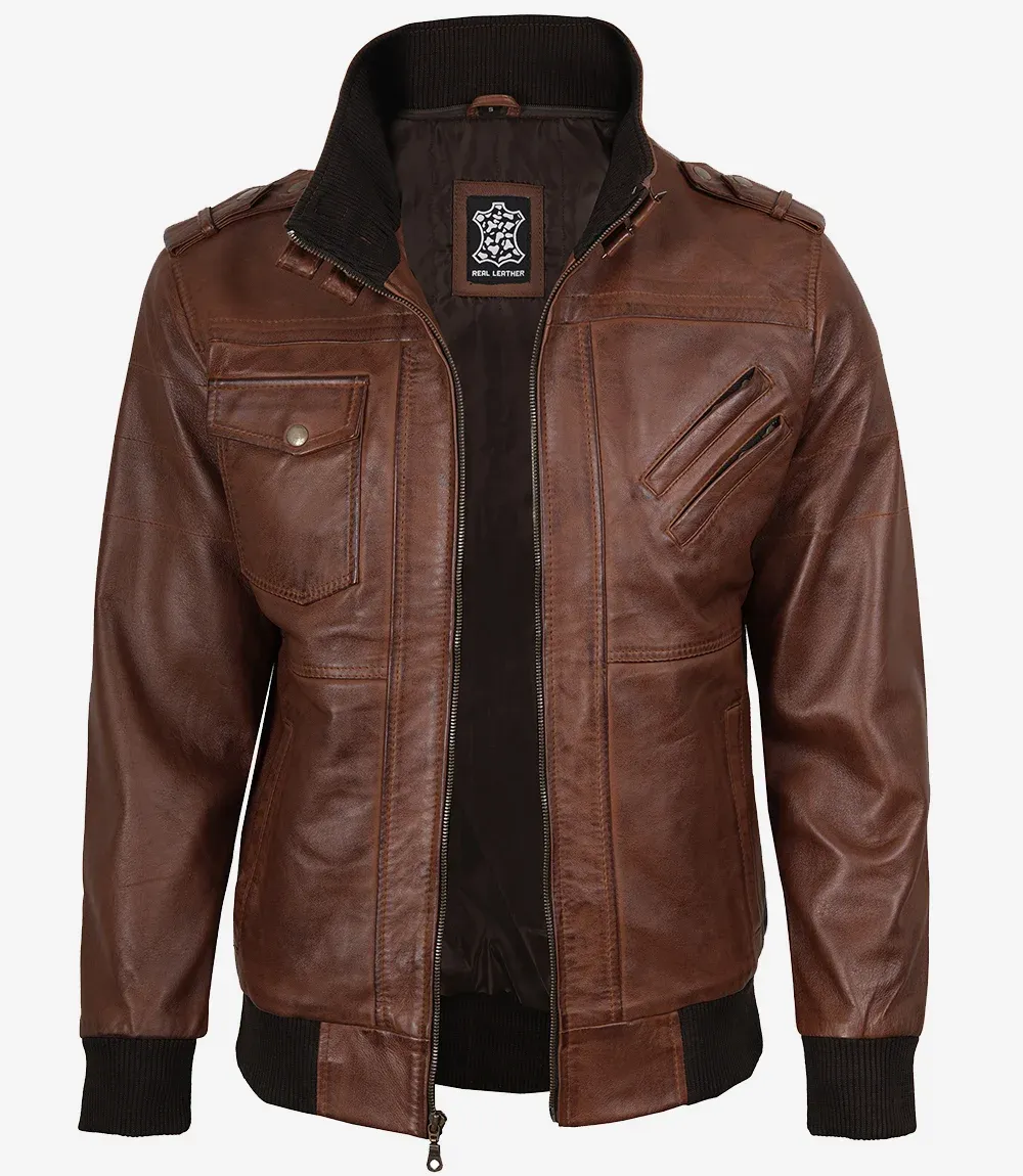 Mens Cognac Leather Bomber Jacket With Removable Hood Mens Cognac Leather Bomber Jacket With Removable Hood